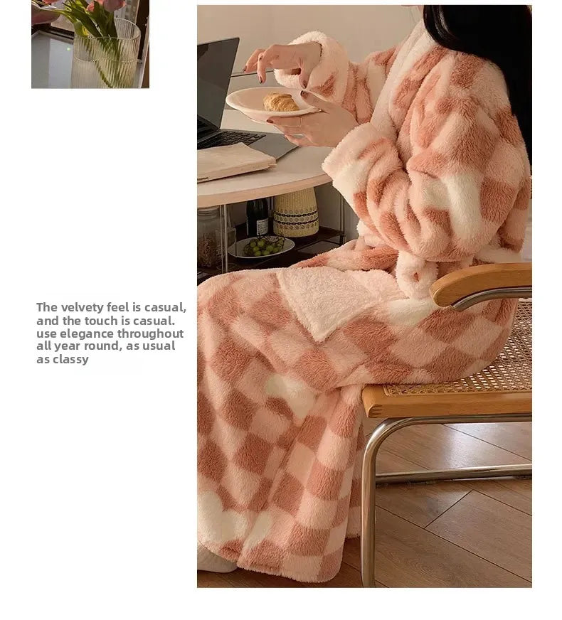Verdickte Korallen Fleece Robe frauen V-ausschnitt Gürtel Langarm Mid-länge Süße Stil Warme Hause Kleidung Winter Saison