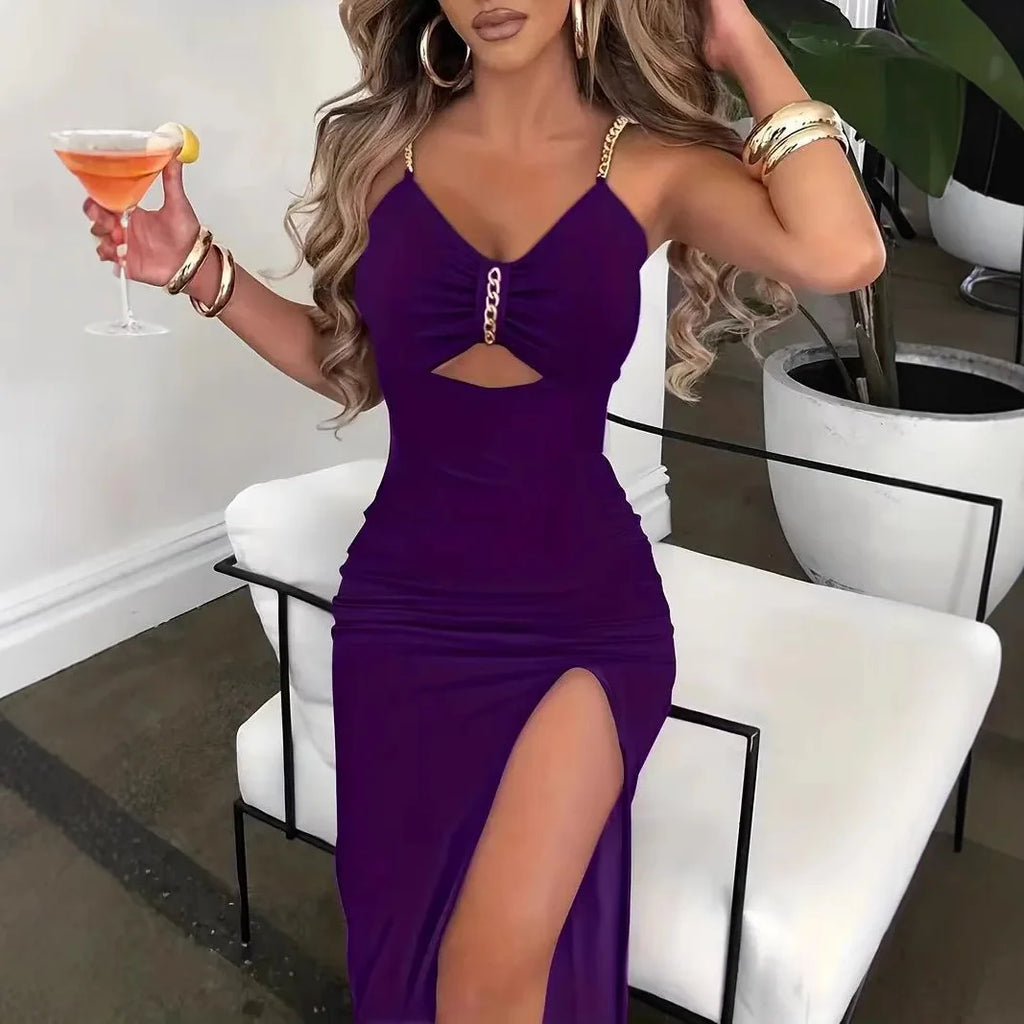 Slip Kleid Frauen Sexy Sommerkleid Split Kette Aushöhlen V-ausschnitt Ärmelloses Maxi Kleid Bodycon Vestidos Party Mantel Kleider 2023
