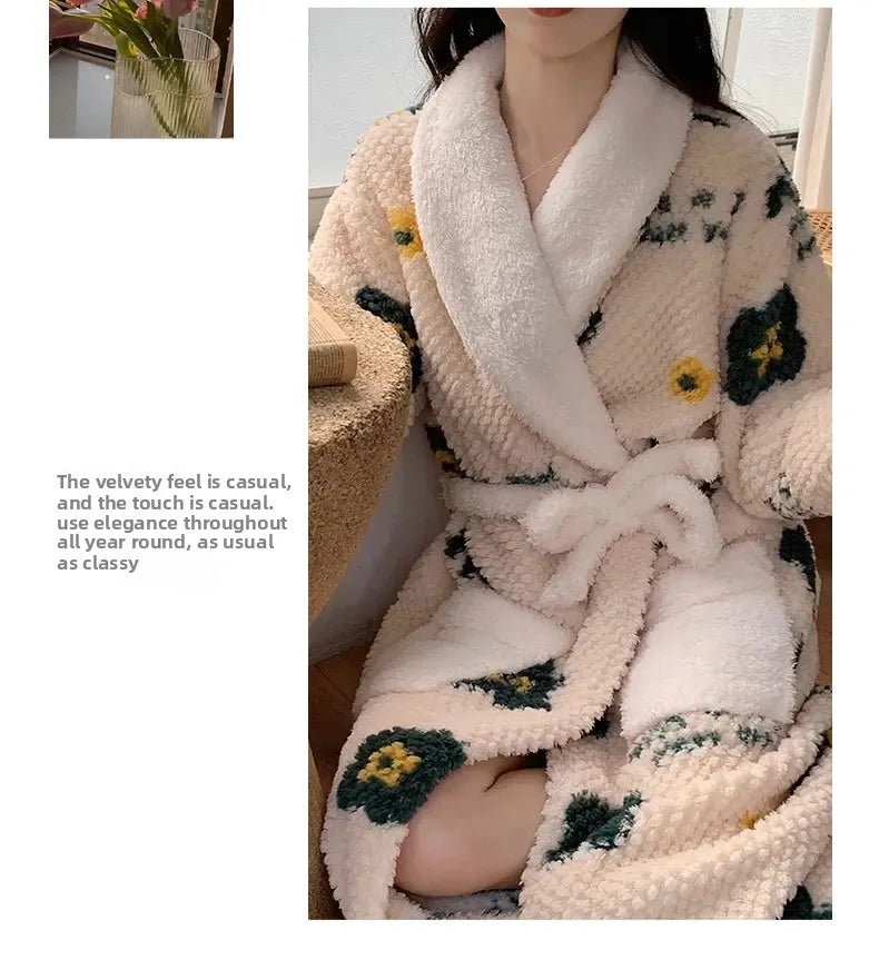 Verdickte Korallen Fleece Robe frauen V-ausschnitt Gürtel Langarm Mid-länge Süße Stil Warme Hause Kleidung Winter Saison