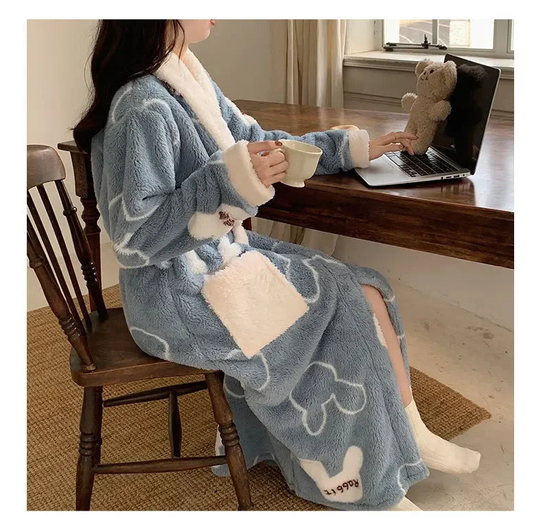Verdickte Korallen Fleece Robe frauen V-ausschnitt Gürtel Langarm Mid-länge Süße Stil Warme Hause Kleidung Winter Saison