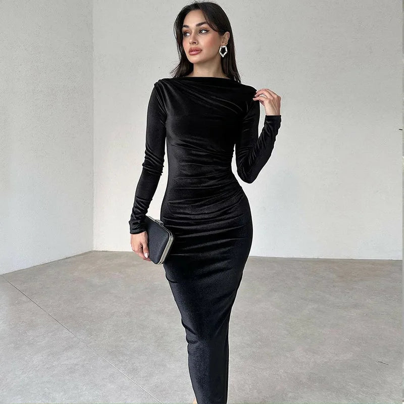2024 frühling Sommer Samt Langarm Midi Kleid Für Frauen Geraffte Lange Kleid Elegante Party Kleidung Abend Grün Outfits