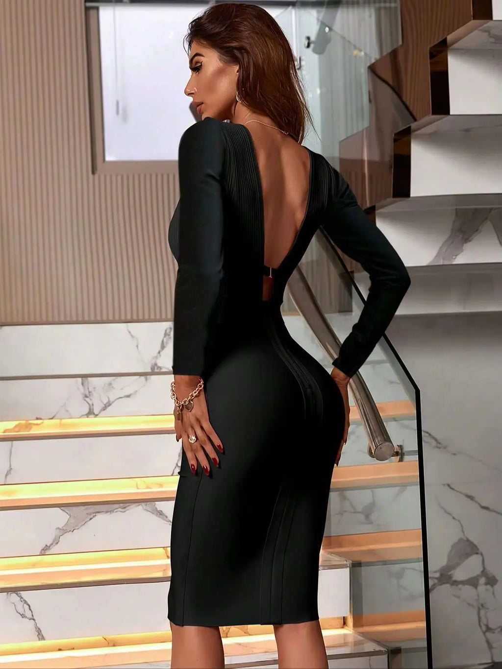Damenmode Frühling Sommer Sexy Elegant Schwarz Langarm Midi Rückenfrei Figurbetontes Verbandkleid Party Cocktail Abendkleid
