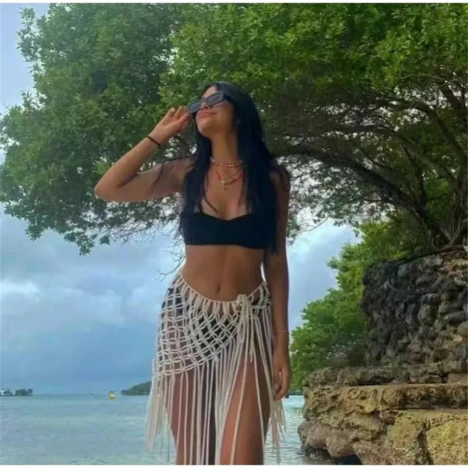 Handgewebter Bikini-Überwurfrock mit Netzfransen am Bund – Festival- und Streetwear-Accessoire für Anzüge und Jeans