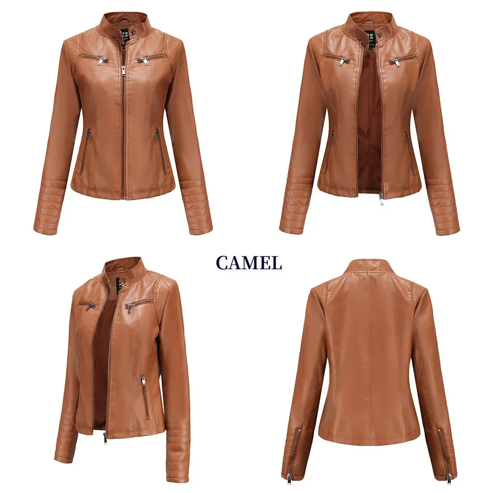 New 20 Women's Leather Jacket Thin Motorcycle Style Short Fashion Women's Jacket Stand Collar Full Sleeve from Mainland China