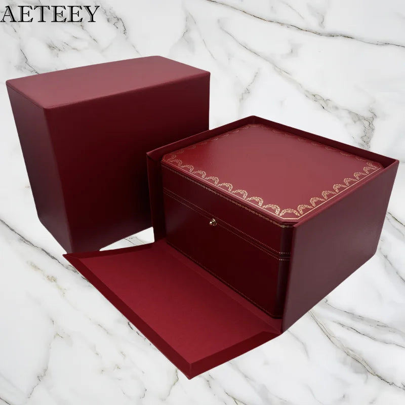 Fashion AETEEY Men Women Red Watch Storage Travel Box with Paper Bag Book for Luxury Brand Watch Wedding Holiday Gift Case