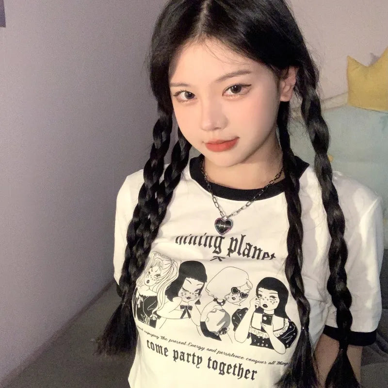 Koreanische High Street Vintage Frauen Top Rundhals Mode Brief druck Crop Top Sommer neue Frauen Kurzarm T-Shirt