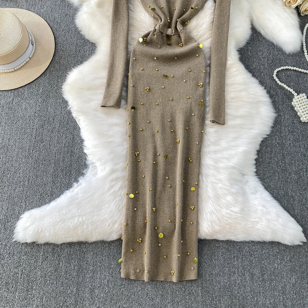 Schickes, sexy, elegantes, langärmliges, figurbetontes O-Ausschnitt-Kleid für Damen, koreanische Abendkleider für Modezeremonie