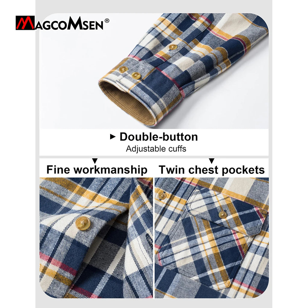 MAGCOMSEN Flanellhemden für Herren, langärmelig, Baumwolle, langärmelig, kariertes Hemd mit 2 Taschen, Knopfleiste, lässiges Cordhemd für Herren
