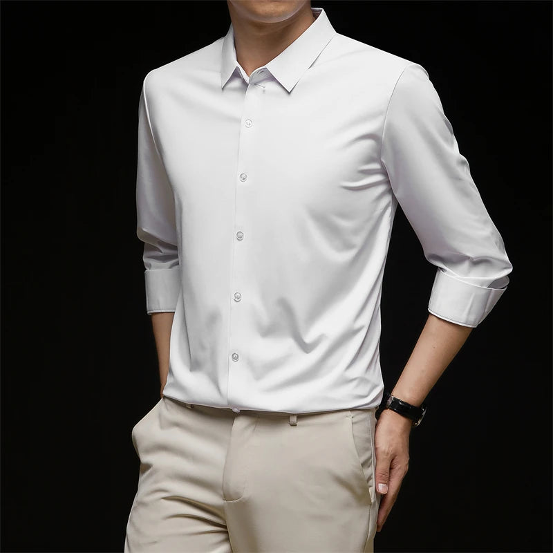 Neues, langärmliges, einfarbiges Business-Casual-Hemd für Herren, knitterfrei, knitterfrei, bequem, vielseitiges Oberteil für die ganze Saison
