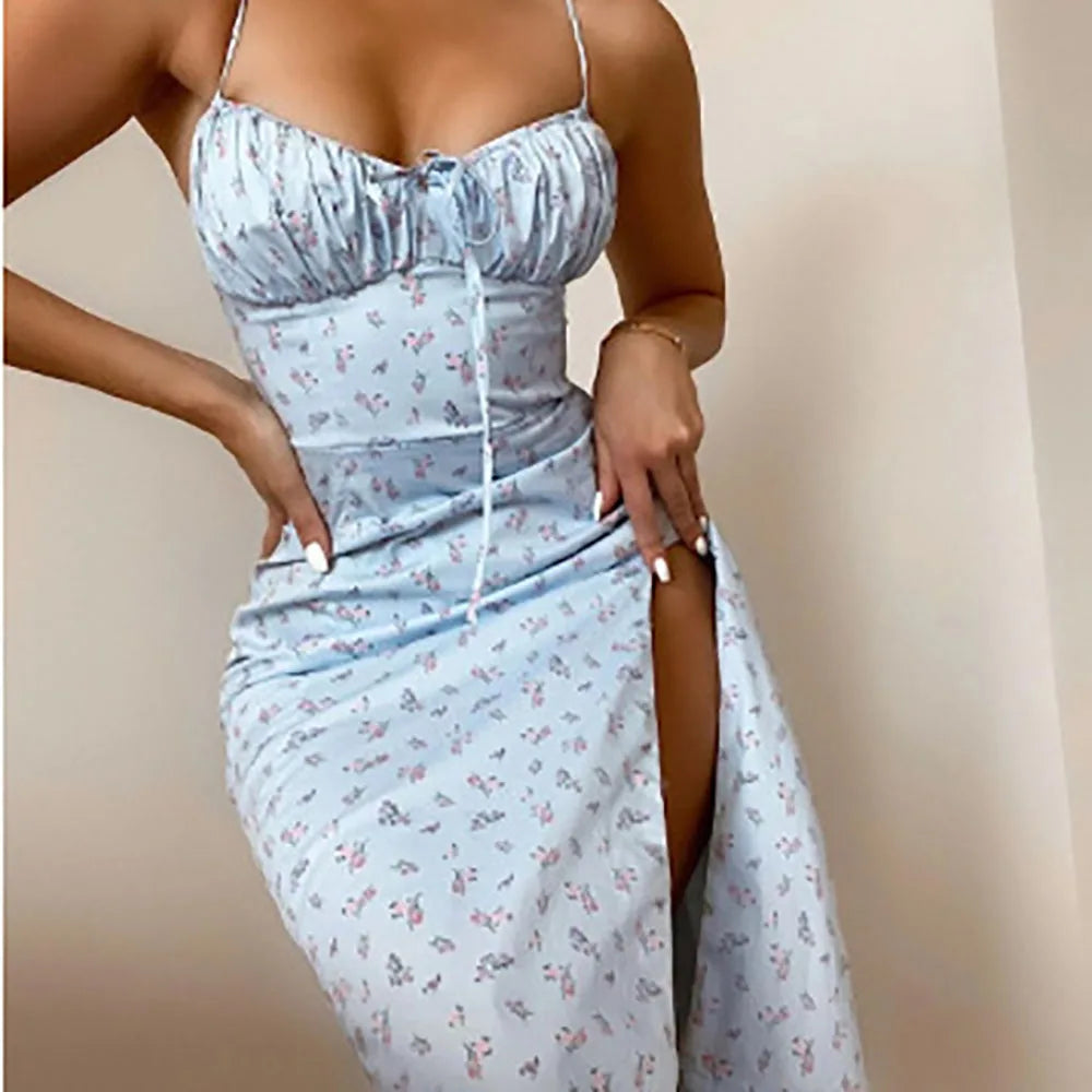 Elegantes Damen-Blumenkleid für Strandurlaub und Streetwear, Sexy Tief Ausgeschnittenes Strandparty-Kleid mit Schlitz, Schickes Bodycon-Kleid Ärmellos für Damen