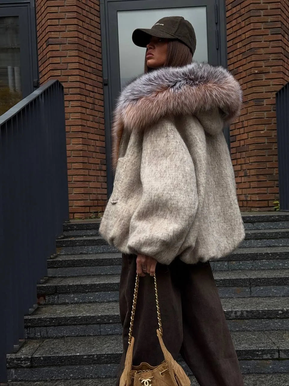 Gefärbter Pelzkragen, kurze Wolljacke für Damen, modisch, Revers, volle Ärmel, einreihig, Patchwork, lose Jacken, 2025, Winter-Outwear