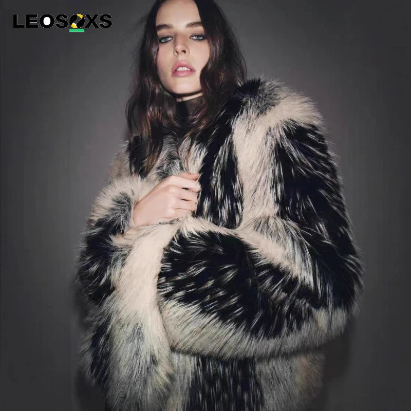 LEOSOXS Stilvolle Kontrast Faux Pelz Frauen Mantel Elegante Oansatz Einreiher Y2K Volle Hülse Weibliche Mäntel Winter Chic Dame Jacke
