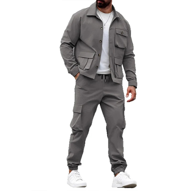 Neue amerikanische Retro-Männer-Sets, lässig, mit mehreren Taschen, langärmelig, Cargos-Jacke + gepolsterte Hose, 2-teiliger Anzug, leichter Luxus-Trainingsanzug, S-3XL