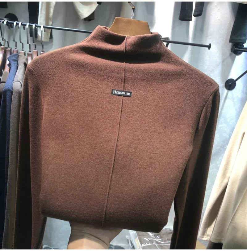 Harajuku half turtleneck Casual slim fleece Thick bottoming T-shirt autumn winter velvet Long Sleeve solid T Shirt Women y2k Top