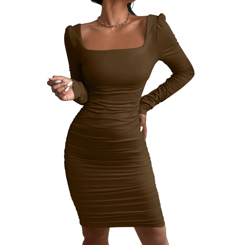 Herbst Winter Lange Ärmeln Kleider frauen Modische Temperament Square Neck Midi Kleid Sexy Party Club Kleid