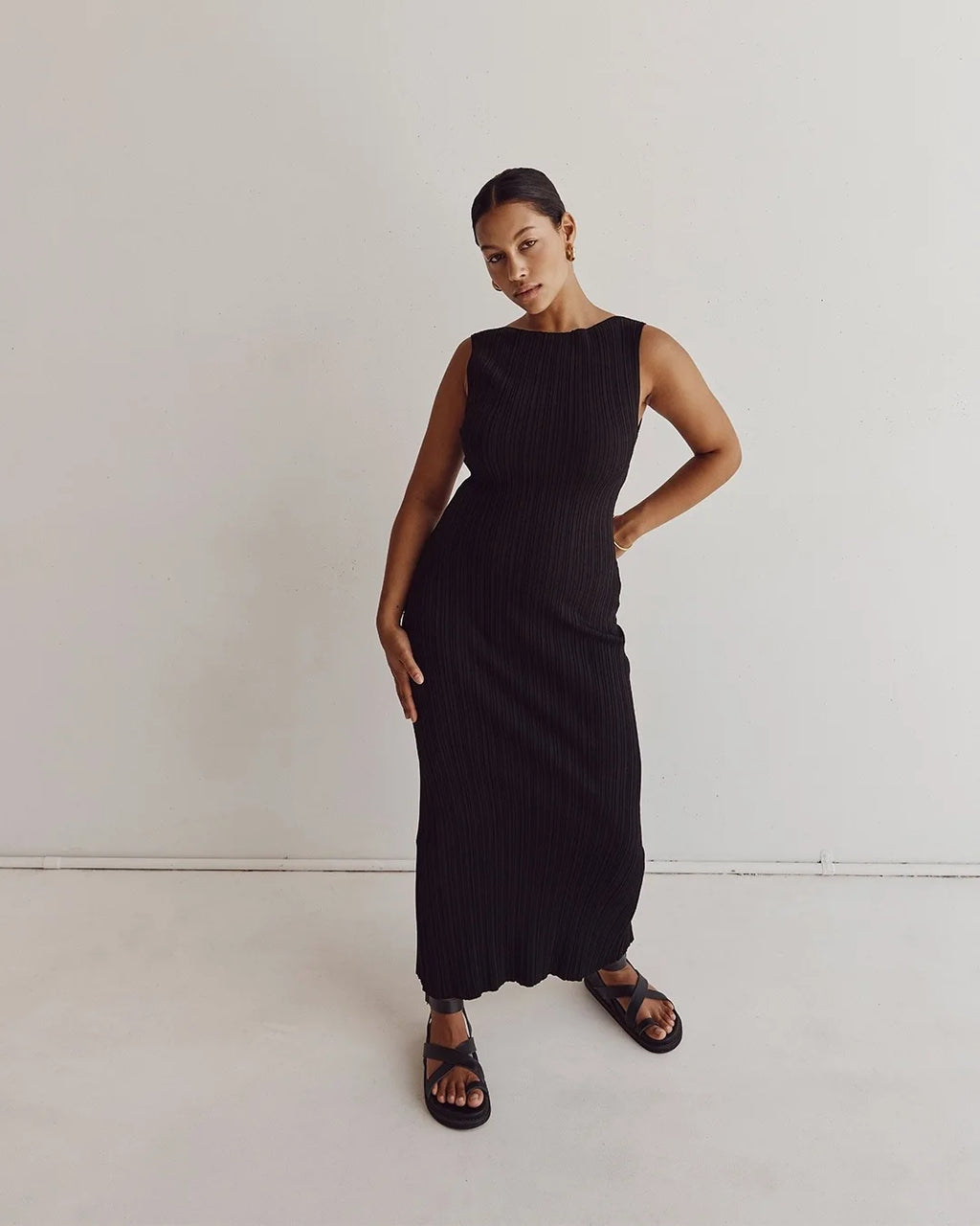 Baumwolle Gestrickte Streifen Kleider Für Frauen Einfarbig Ärmel O Neck Damen Party Langes Kleid 2025, Neue Casual Pendeln Vestidos