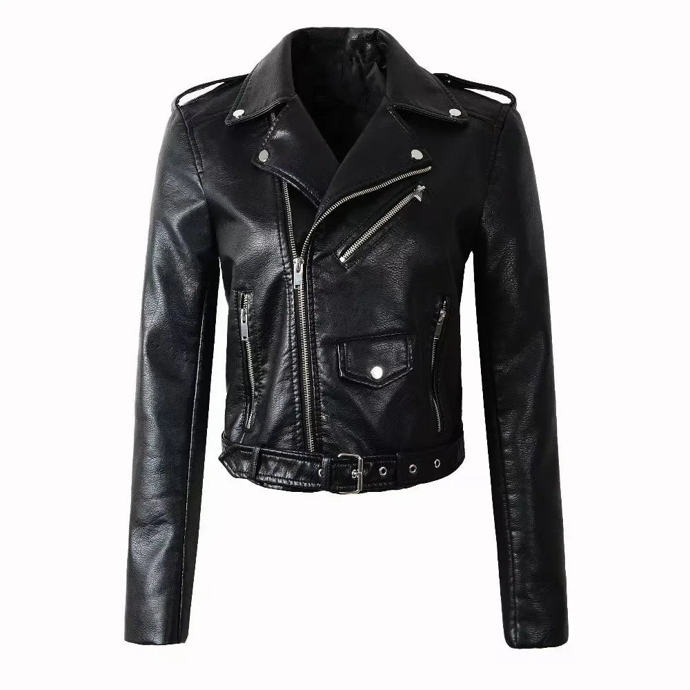 Damen-PU-Lederjacke, schmale Passform, Motorrad, gewaschener Reißverschluss, Oberteil, Herbst-Winter, modische Oberbekleidung, lässiger Stil, volle Ärmel