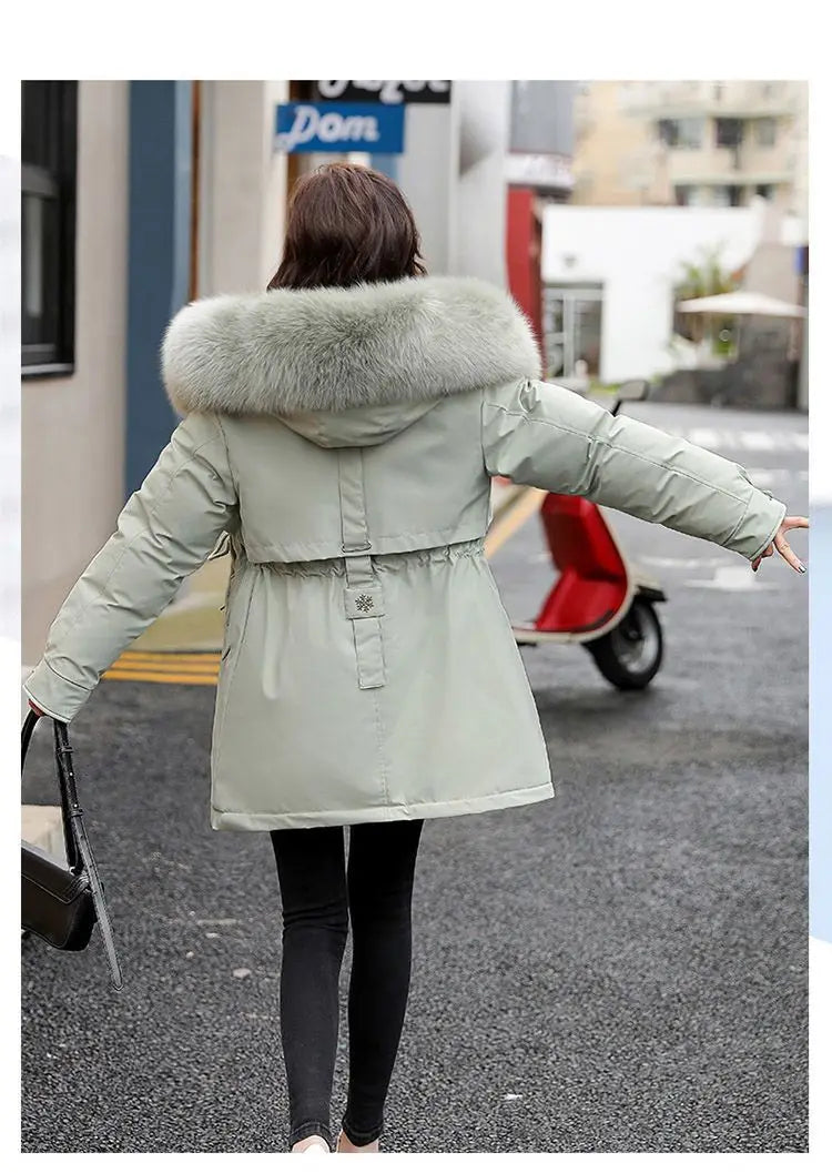 Frühling Parkas Frauen Mäntel Mittlere Länge Mantel Dicke Warme Mit Kapuze Kordelzug Jacken Splice Zipper Enge Taille Jacke Herbst Winter