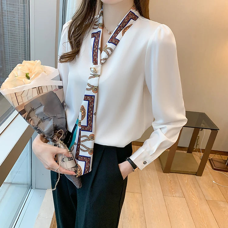 H Han Königin Frühling Chiffon Einfache Büro Dame Bluse Weibliches Hemd Bogen Tops Langarm Casual Koreanische OL Lose Blusen Frauen