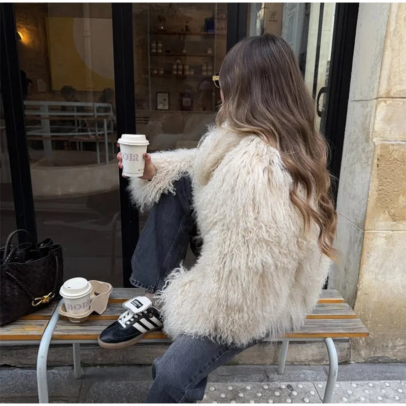 Mongolei Woolen Faux Pelz Jacke Solide Frauen Mode Drehen Unten Kragen Langarm Strickjacke Kurze Mäntel Dame Täglichen Straße Outwears