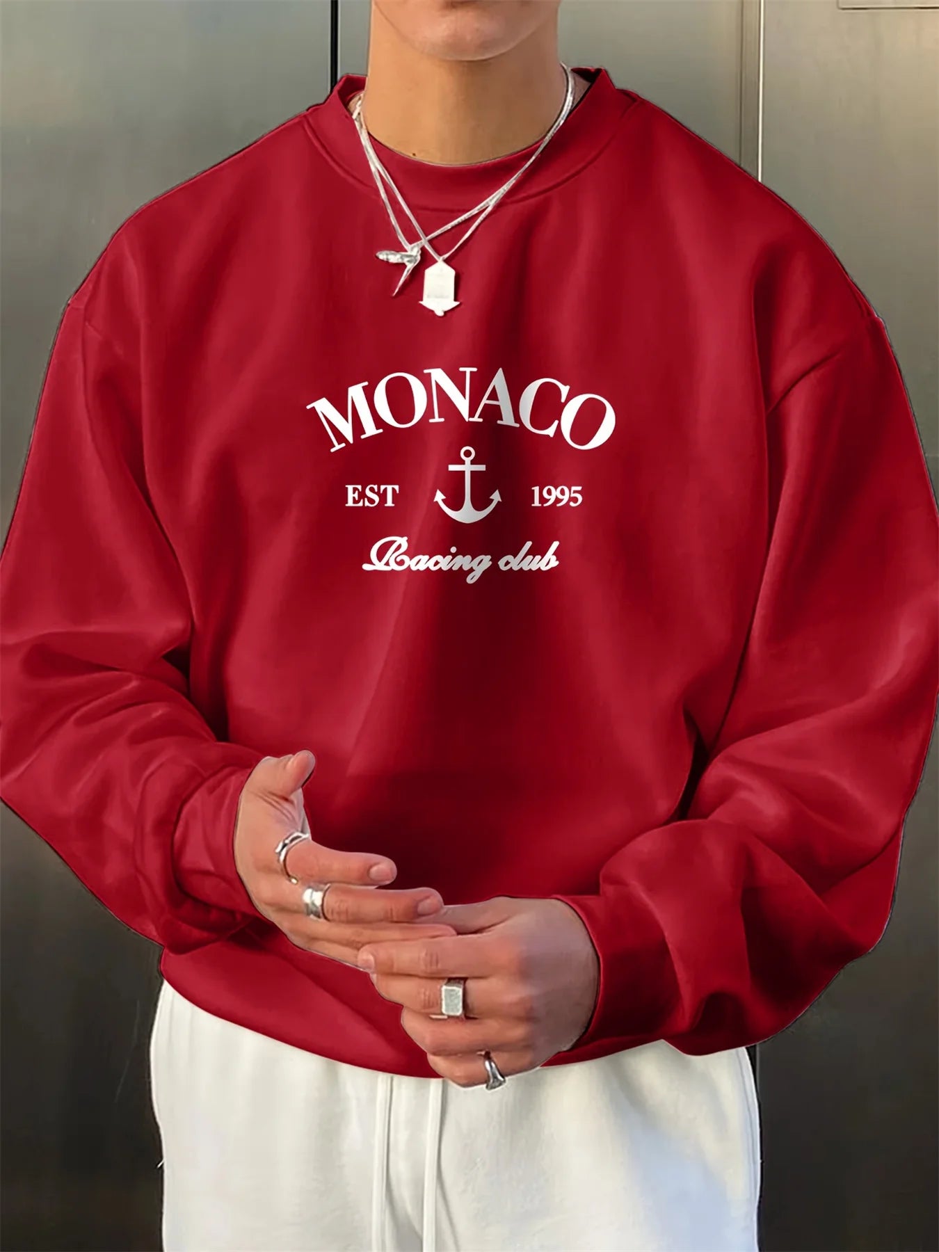 Men's autumn and winter fashionable casual loose monaco letter print fleece pullover long sleeved round neck sweatshirt