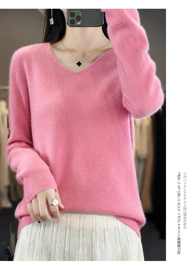 Frauen 100% Merinowolle Pullover V-Ausschnitt Basic Pullover Herbst Winter Kaschmir Kleidung Langarm weiche Strickwaren Tops einfarbig