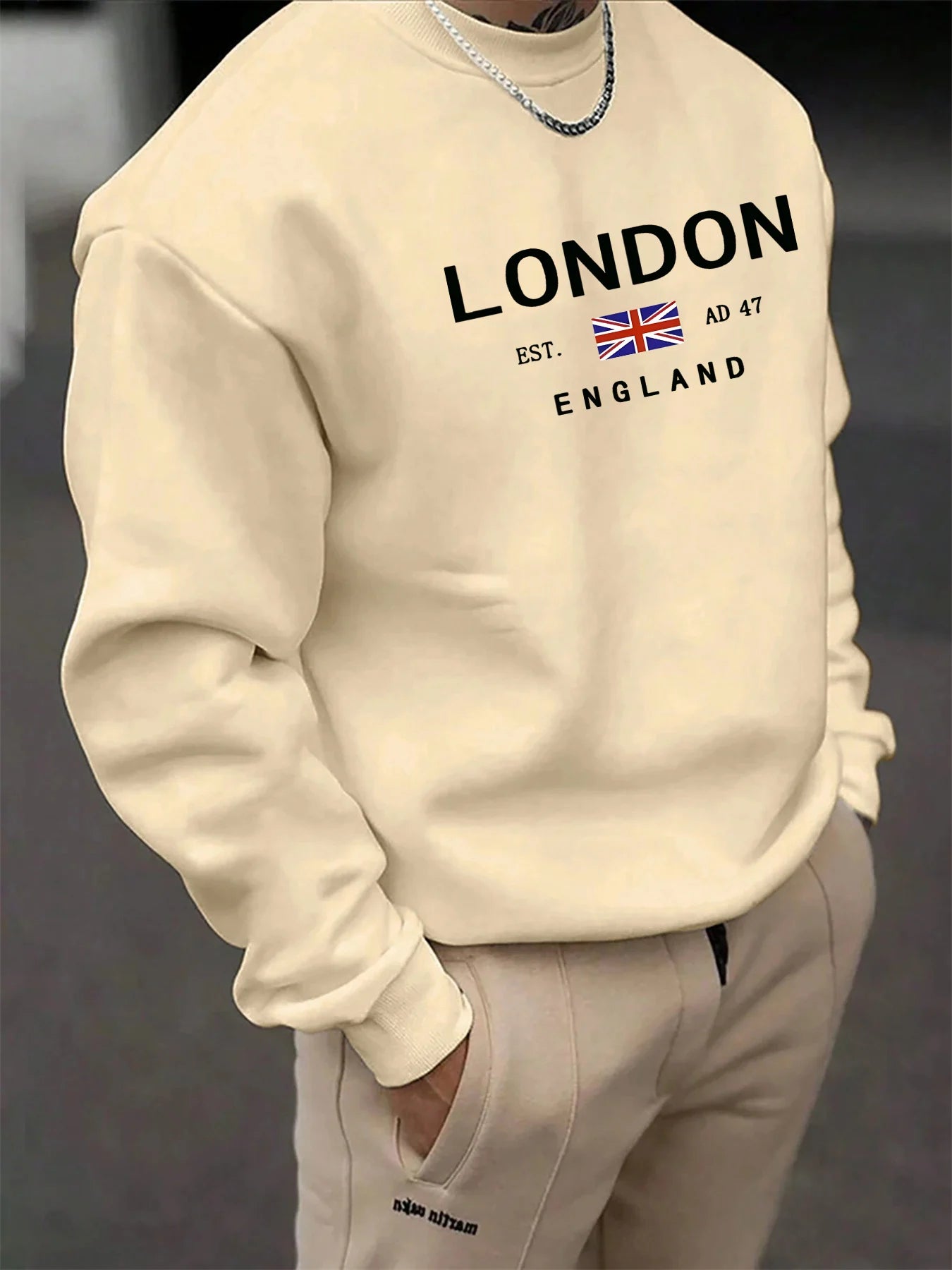 Herren-Herbst- und Wintermode, lässig, locker, London England-Muster, bedruckt, langärmelig, Rundhalsausschnitt, Sportbekleidung