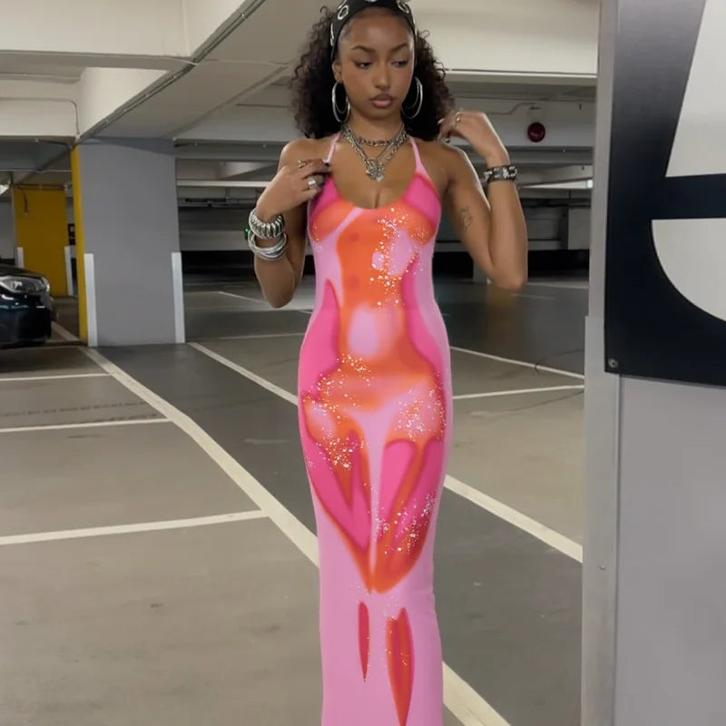 Hugcitar 2025 Frühling Halter Print Halter-Backless Verband Gürtel Sexy Bodycon Maxi Kleid Frauen Mode Outfits Streetwear Festival