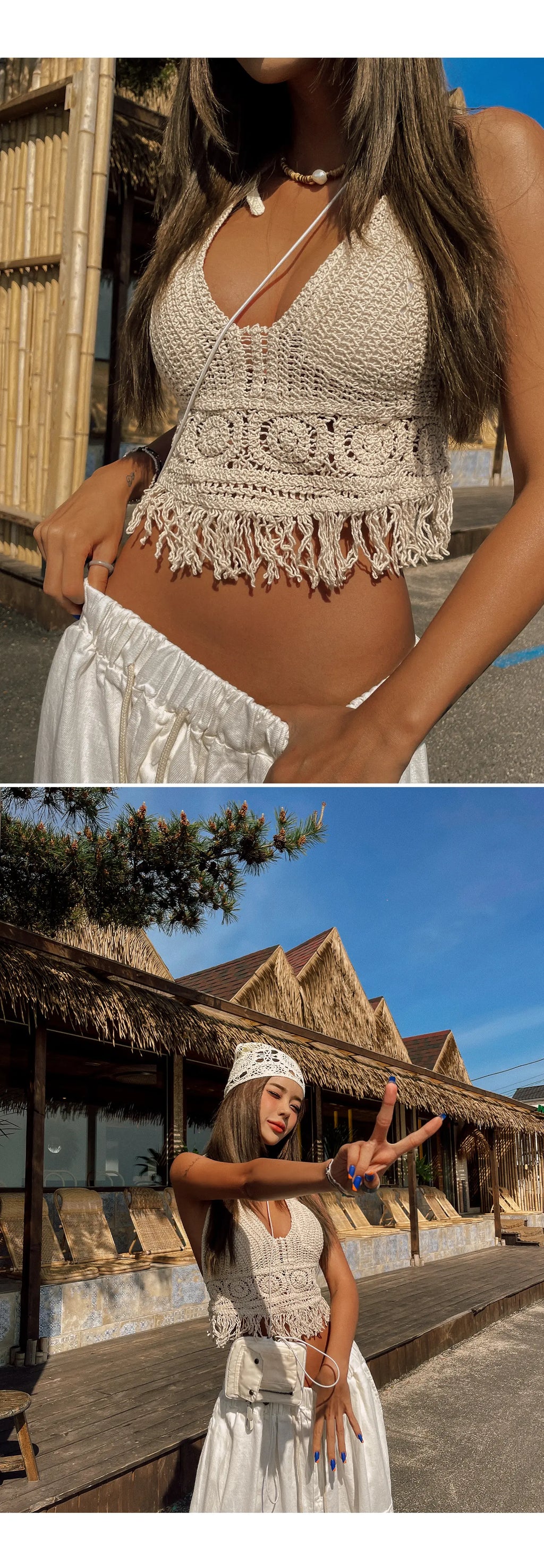 Boho Häkel-Neckholder-Top für Damen, Sommer-Strand-Strick-Crop-Top mit Quasten, rückenfrei, ärmellos, Bralette