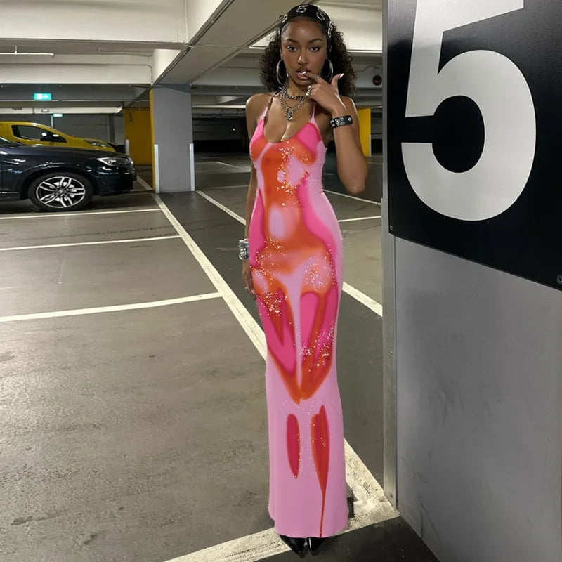 Hugcitar 2025 Frühling Halter Print Halter-Backless Verband Gürtel Sexy Bodycon Maxi Kleid Frauen Mode Outfits Streetwear Festival
