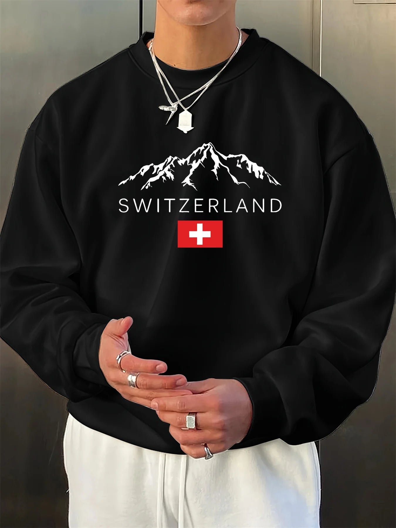 Men's autumn and winter fashionable casual loose SWITZERLAND graphic printed long sleeved round neck sweatshirt