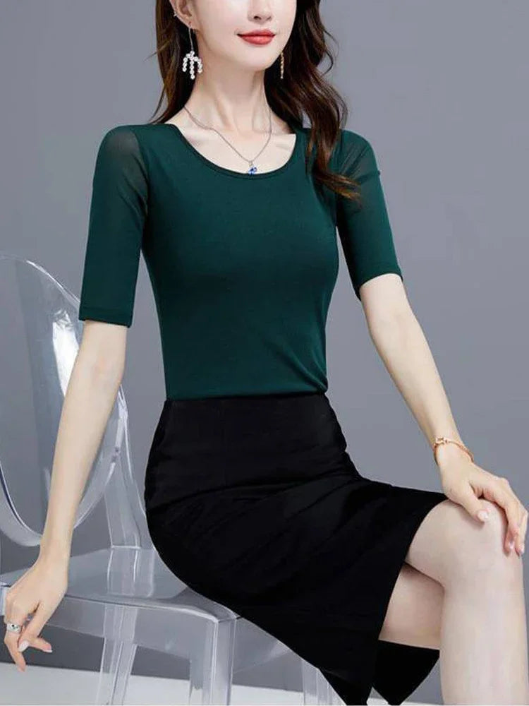 S-3XL Purple Blue Red Green Shirt Women Transparent Mesh Short Sleeve O-neck Thin T shirt Half Sleeve O Neck Female Blouses Tops