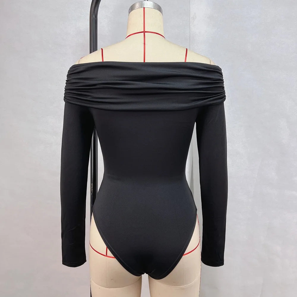 Herbst neuer 2024, sexy und modischer, schulterfreier Patchwork-Langarm-Slim-Fit-Overall mit V-Ausschnitt und schmaler Passform für Damen