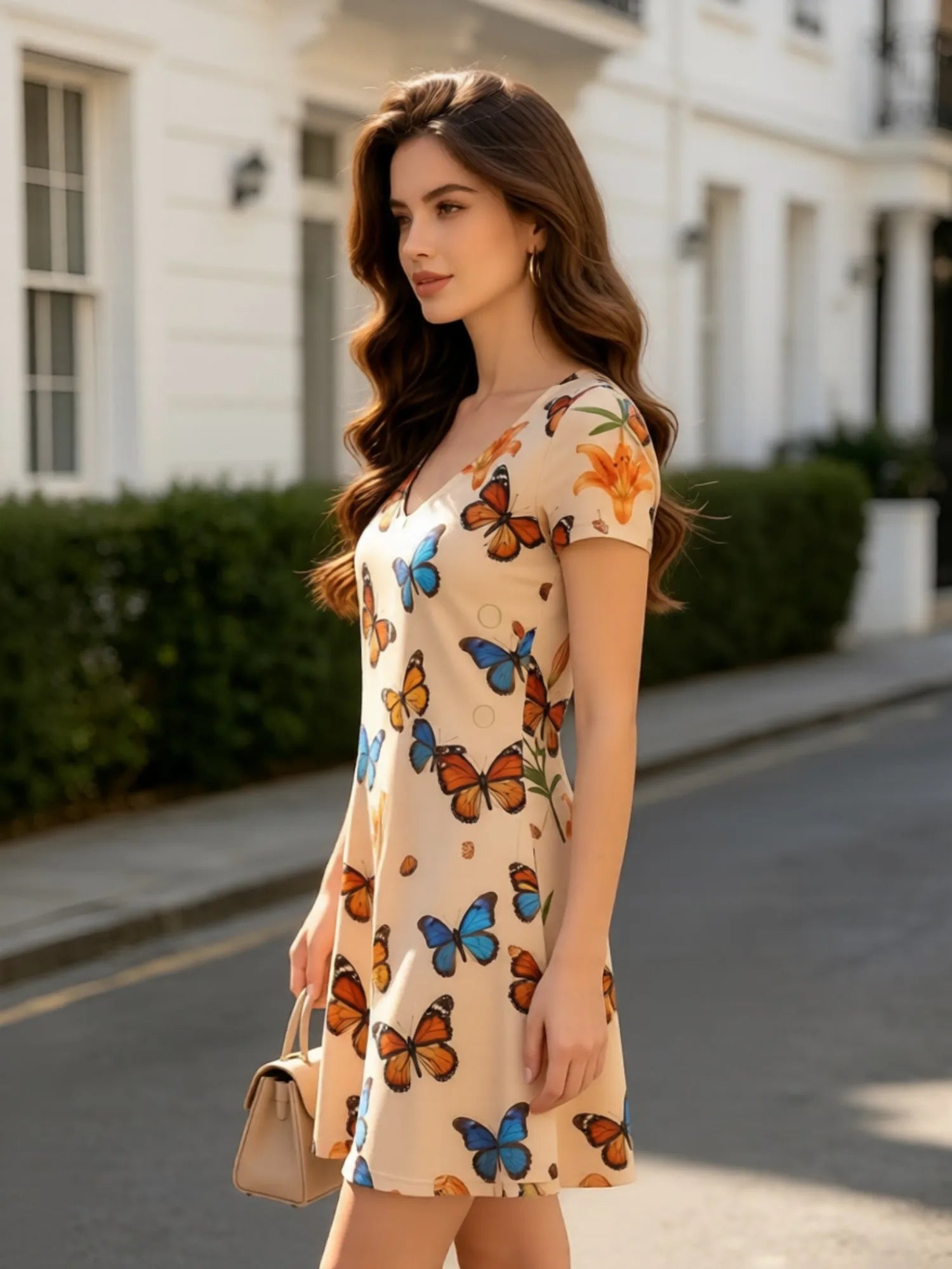 Damenkleid mit V-Ausschnitt und kurzen Ärmeln, Blumenmuster, lässiges Sommer-Outfit für Urlaub, Brunch, Freizeit, Wochenende, Alltag, Café, Party