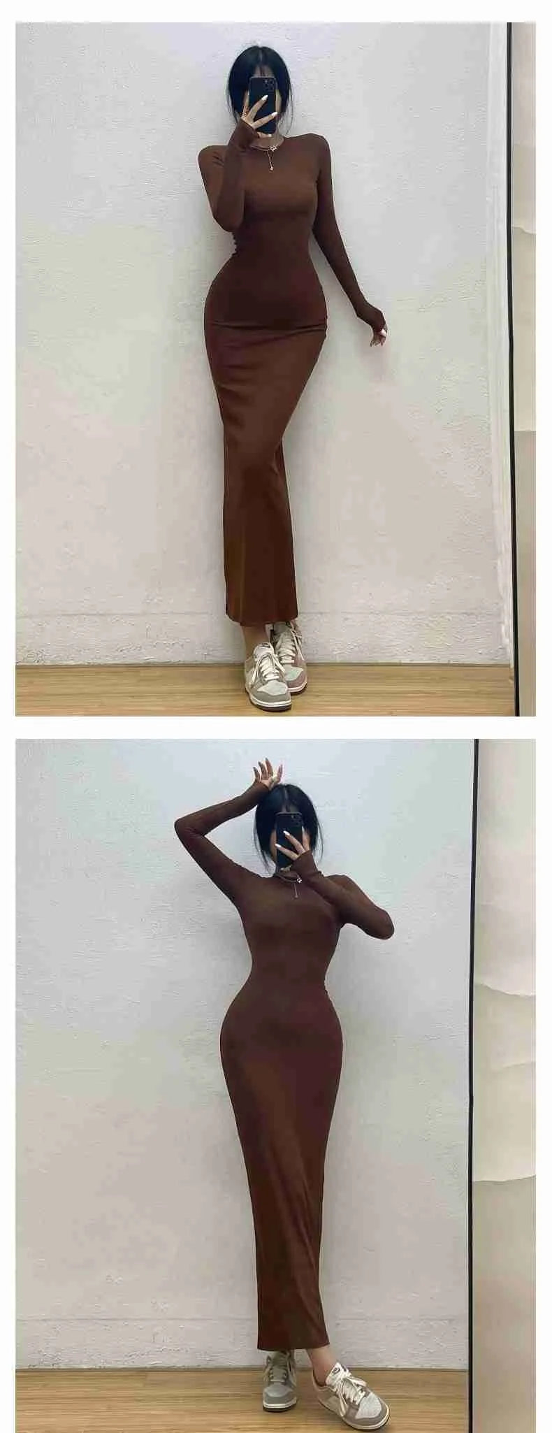 WOMENGAGA Einfache Maxi Langes Kleid Rundhals Langarm Enge Dünne Maxi Kleider Elegante Mode Koreanische Frauen Robe DEH8