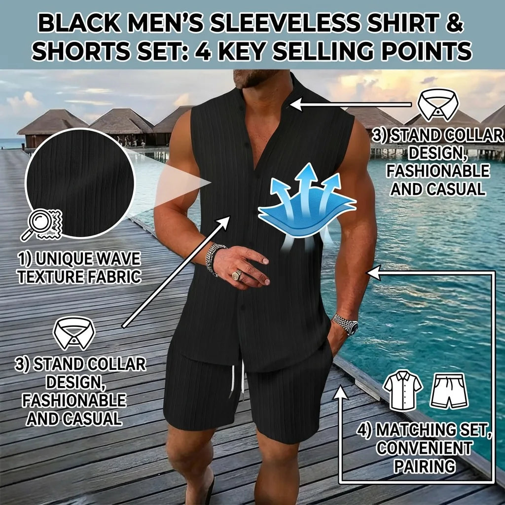 Sommer Neue Herren Mode Stehkragen Einfarbiges Besticktes Ärmelloses Hemd Shorts Set Lässige Strandkleidung