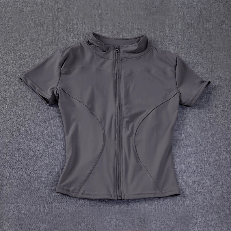 Damen-Sportbekleidung, schmale Passform, Polyester, schnell trocknend, durchgehender Reißverschluss, Outdoor-Fitness, Laufhose, kurze Ärmel, Damen-Yoga-Bekleidung