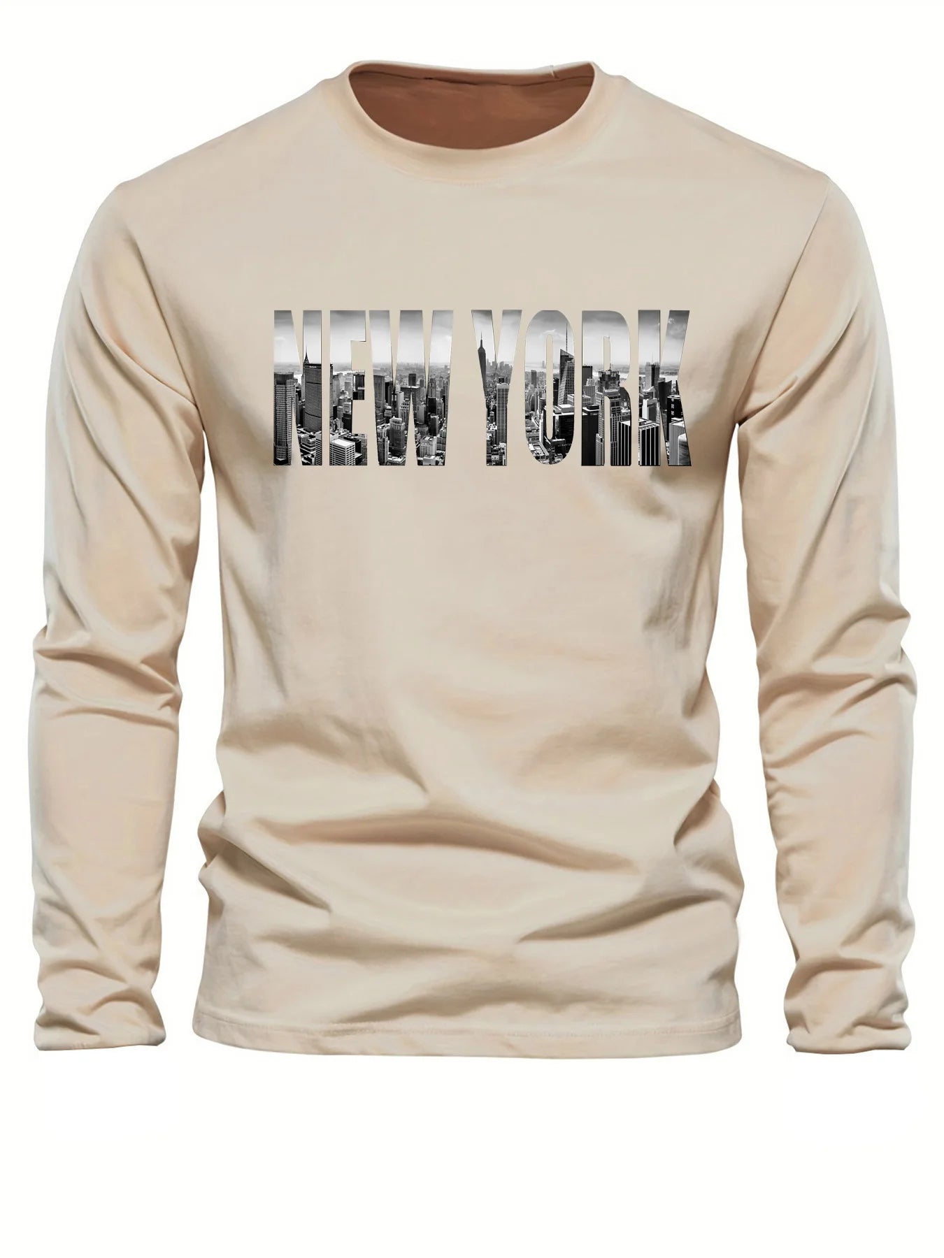 Men's 100% pure cotton loose fit plus size comfortable casual sports New York letter printed round neck long sleeved T-shirt top