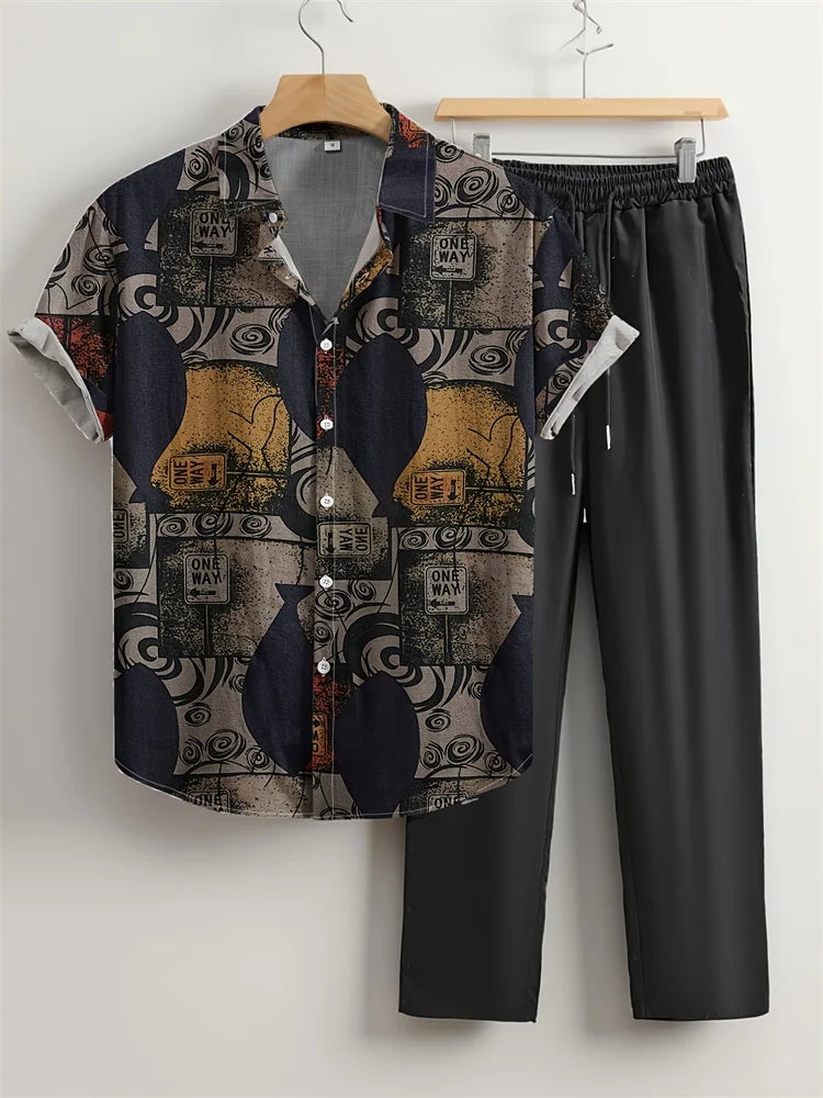Hellgrünes 2-teiliges Herbst-Herren-Set mit vertikal gestreifter Textur, einfaches und lässiges Herren-Kurzarmhemd und lässige lange Hose