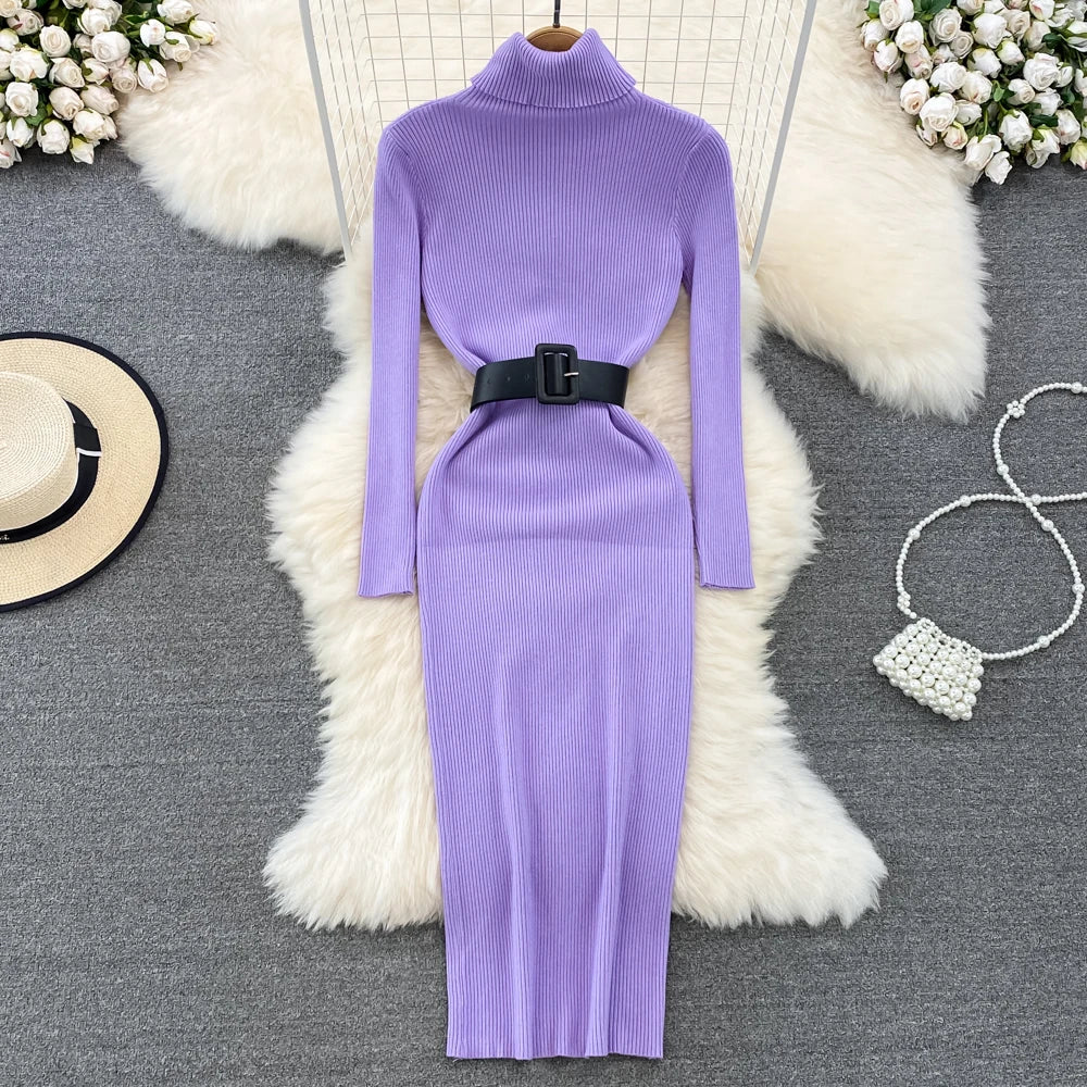 REALEFT Herbst Winter 2025, neue Rollkragen frauen Gestrickte Kleider mit Gürtel Langarm Elegante Bodycon Wrap Kleid Weibliche