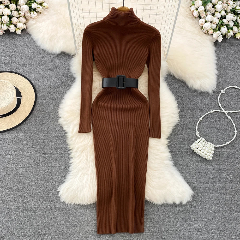 REALEFT Herbst Winter 2025, neue Rollkragen frauen Gestrickte Kleider mit Gürtel Langarm Elegante Bodycon Wrap Kleid Weibliche
