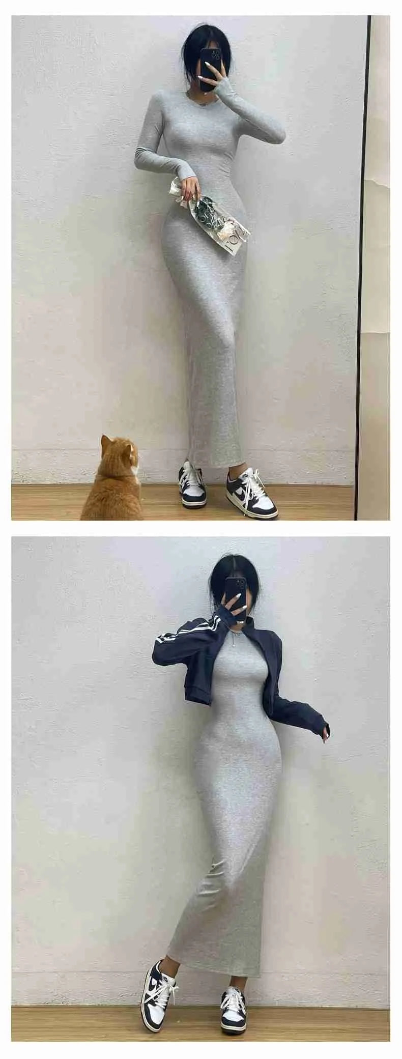 WOMENGAGA Einfache Maxi Langes Kleid Rundhals Langarm Enge Dünne Maxi Kleider Elegante Mode Koreanische Frauen Robe DEH8