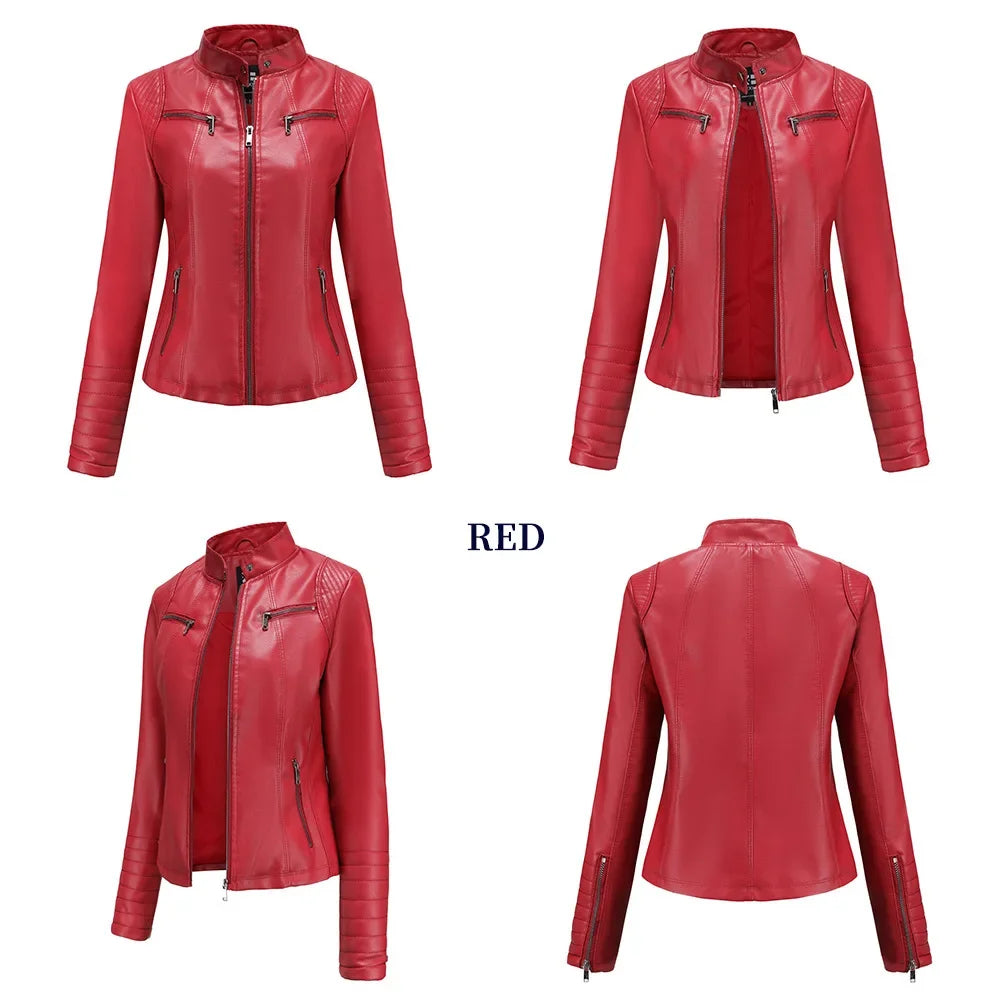 Neue 20-Damen-Lederjacke, dünn, Motorrad-Stil, kurze modische Damenjacke, Stehkragen, volle Ärmel, aus dem Festland China