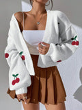 Modischer Strickjacke mit niedriger Schulter und Kirschstickmuster, Pendlerpullover, lockere Damenjacke, Strickpullover
