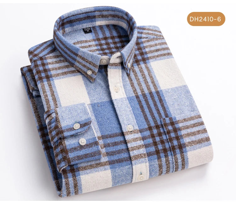 Langärmliges Flanell-Karohemd für Herren – weiche reine Baumwolle, Button-Down-Hemden, dick, Herbst und Winter – Wochenend-Casual, Ausgehen