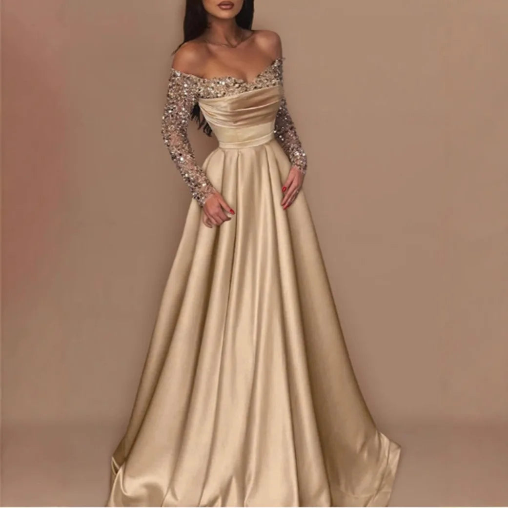 Langärmliges, glitzerndes Pailletten-Abendkleid 2026, formelles Party-Dinner, Bankett, Host-Kleider, elegantes, schulterfreies, bodenlanges Kleid