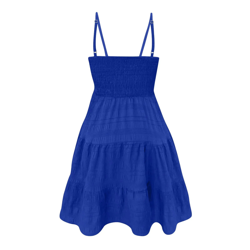 Bohemian Strand Sommerkleid Frauen Sexy Ärmellose Backless Große Schaukel Mini Kleid Solide Spaghetti Strap Rüschen Kleid Sommer Vestidos