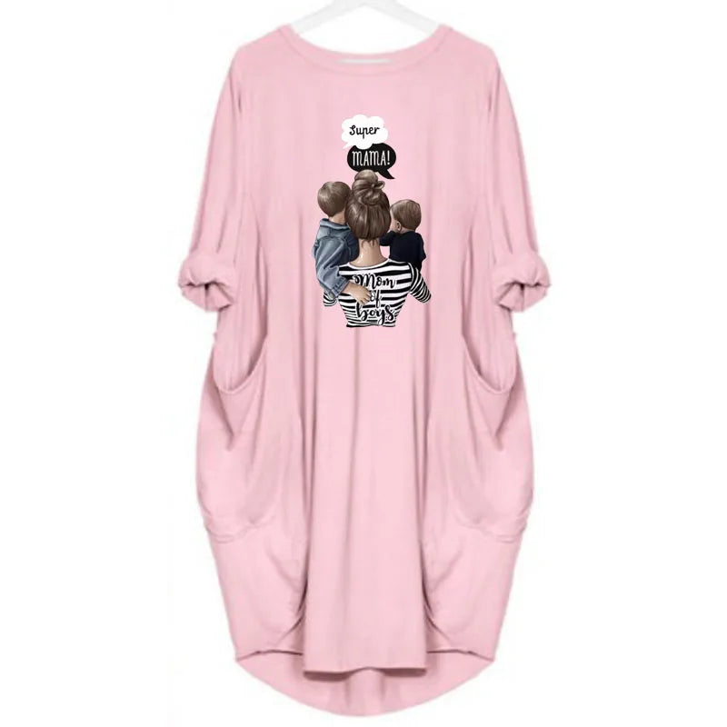 Frauen Lose Lange Ärmeln Sommer Plus Größe Kleid Herbst Winter Casual Rundhals Einfarbig Langarm Tasche Lose Pullove