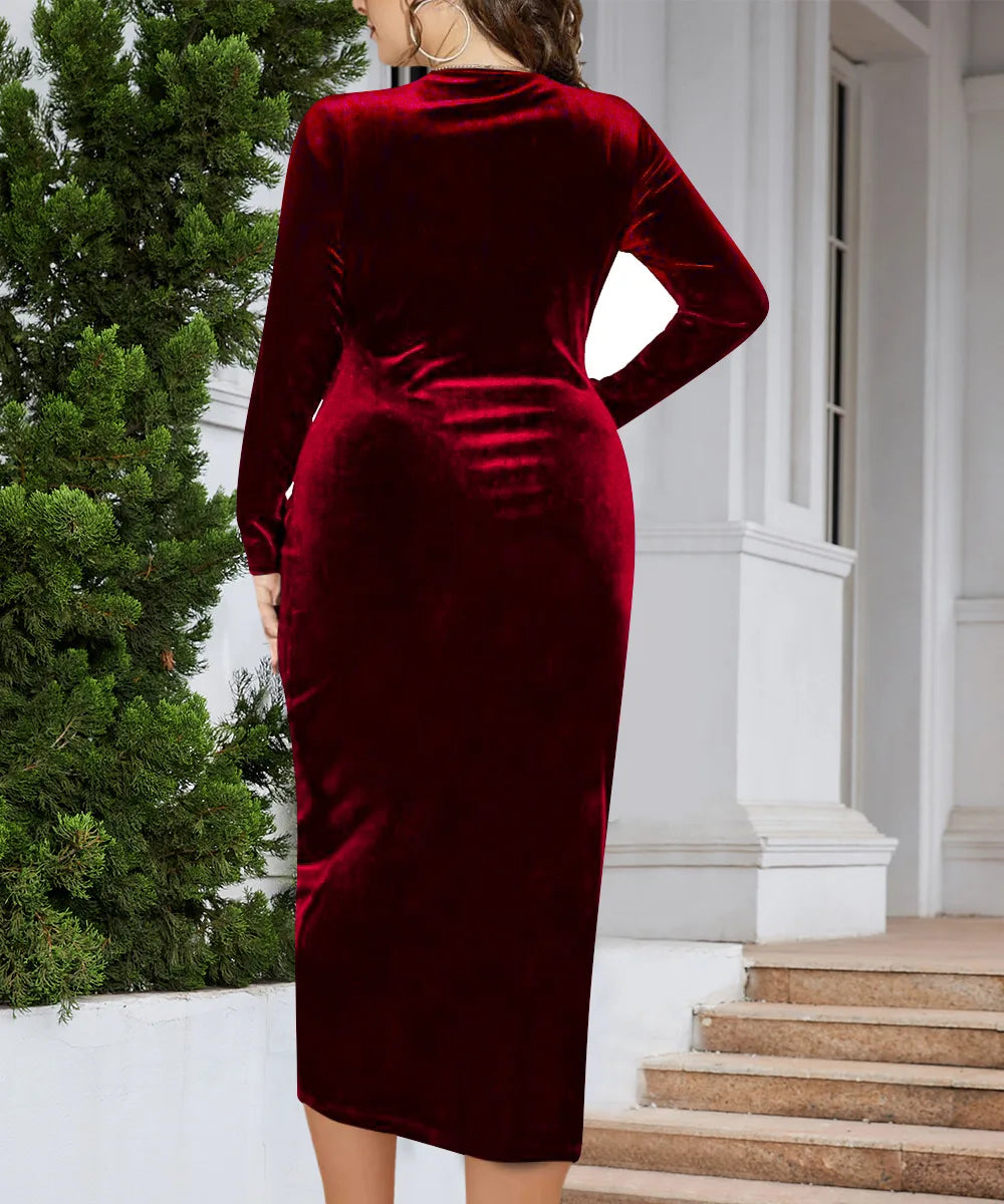 Elegante Samt Bodycon Kleid Frauen Sexy Gewickelt V-ausschnitt Langarm Geraffte Hohe Taille Midi Kleid Party Cocktail Kleider Vestidos