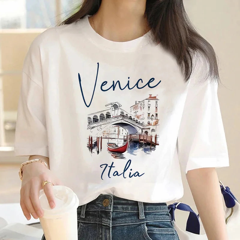 Heißer Verkauf Venedig Italia Brief Drucken frauen Rundhals T-Shirt Casual Kurzarm Brief Drucken Frühling Sommer Top T T Shirt